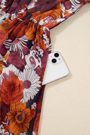 Red Floral Print Wrap V Neck Puff Sleeve Flowy Mini Dress - Image 8
