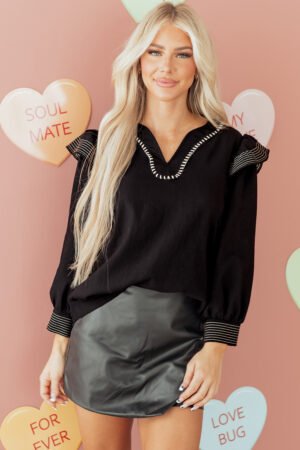 Black Contrast Stitched Detail V Neck Ruffle Long Sleeve Blouse - Image 8