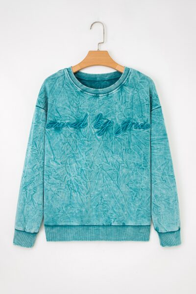 Sea Green saved by grace Letter Embroidery Mineral Wash Loose Sweatshirt