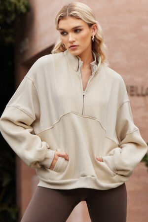 Apricot Half Zip Stand Collar Exposed Seam Solid Color Casual Sweatshirt - Image 4