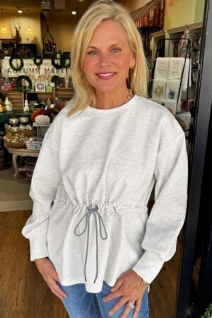 Light Grey Drawstring Waist Tunic Solid Sweatshirt - Image 3