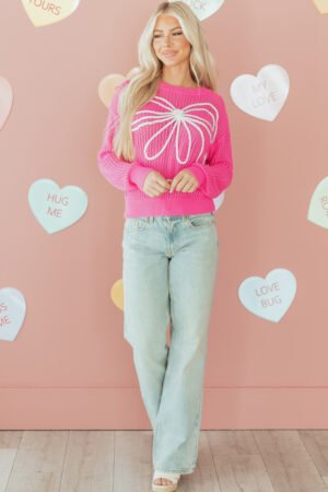 Sachet Pink Sweet Bow Decor Hollow Out Knitted Drop Shoulder Sweater - Image 15