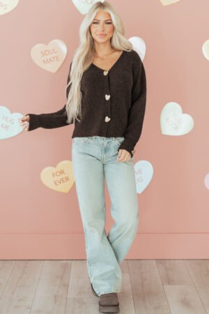 Chicory Coffee Heart Metal Button V Neck Cardigan Sweater - Image 10