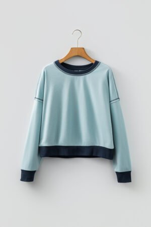 Iceland Blue Contrast Edge Colorblock Patchwork Crop Sweatshirt - Image 4