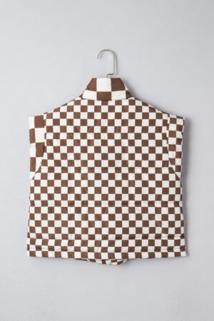 Brown Double Checked Stand Collar Cropped Puffer Vest - Image 5