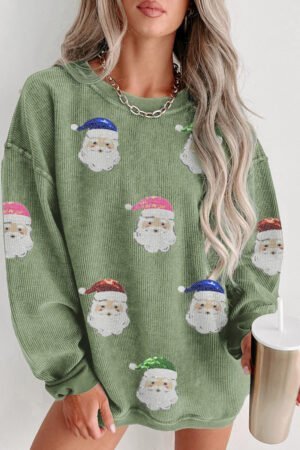 Grass Green Corded Ribbed Sequin Patched Santa Claus Graphic Sweatshirt - Image 2