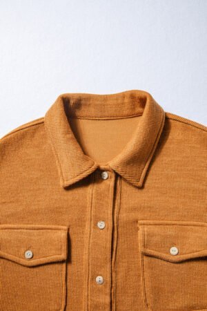Russet Orange Flap Pocket Textured Knit Solid Color Casual Shacket - Image 5