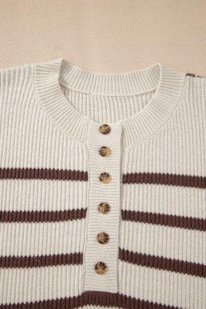 Brown Stripe Ribbed Henley Drop Shoulder Slouchy Sweater - Image 12