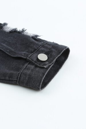 Black Lapel Distressed Raw Hem Buttons Denim Jacket - Image 7
