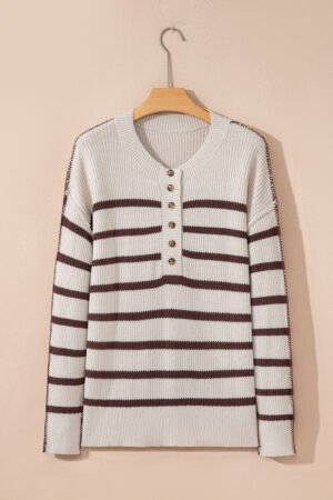 Brown Stripe Ribbed Henley Drop Shoulder Slouchy Sweater - Image 6