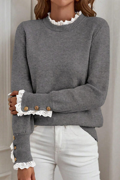 Sleet Lace Trim Patchwork Buttoned Cuffs Loose Sweater