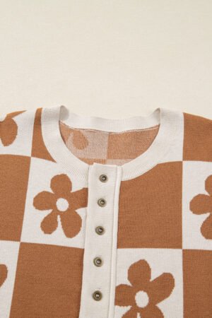 Thai Curry Flower Plaid Henley Baggy Sweater - Image 6