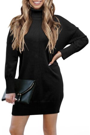 Black Solid Color Turtleneck Drop Shoulder Loose Sweater Dress - Image 5