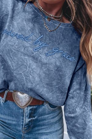 Real Teal saved by grace Letter Embroidery Mineral Wash Loose Sweatshirt - Image 3