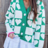 Sea Green Plaid Heart Knit V Neck Button Down Sweater Cardigan