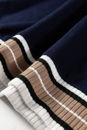 Navy Blue Varsity Contrast Striped Trim V Neck Sweatshirt - Image 10
