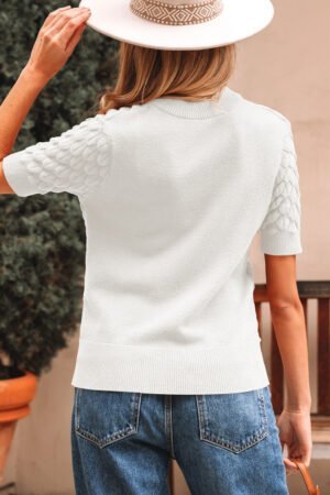 White Fish Scale Textured Knit Ribbed High Neck Short Sleeve Sweater - Image 2
