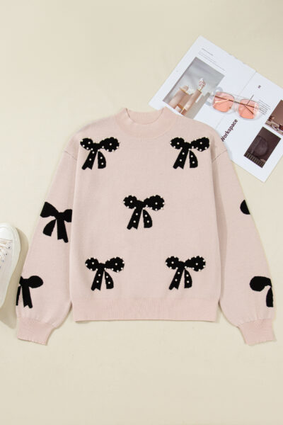 Smoke Gray Pearl Embellished Bow Pattern Loose Sweater