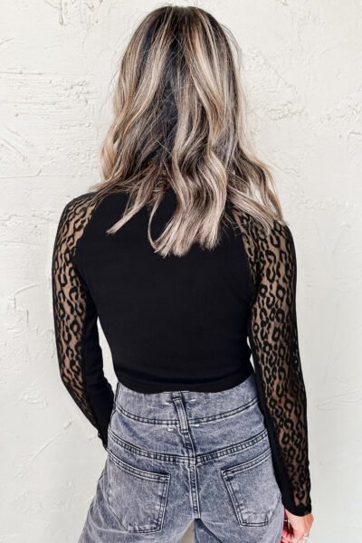 Black Leopard Mesh Patchwork Knit Long Sleeve Top