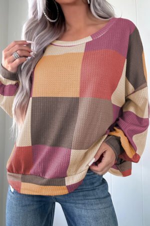 Rose Red Checkered Print Textured Knit Long Sleeve Loose Top - Image 3