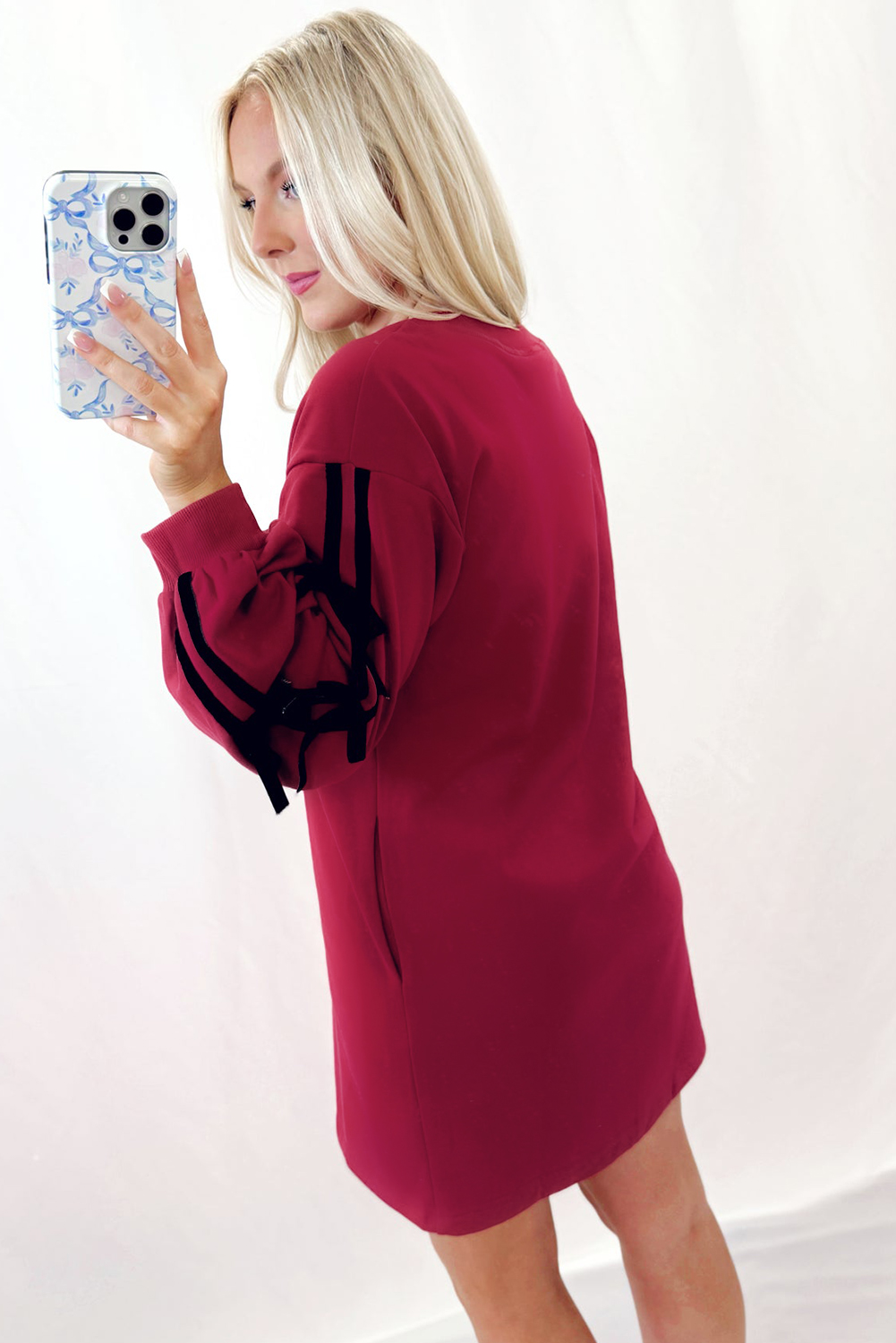 Racing Red Contrast Striped Bow Detail Drop Shoulder Sweatshirt Dress with Pockets Racing Red Contrast Striped Bow Detail Drop Shoulder Sweatshirt Dress with Pockets