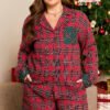 Red Plus Size Plaid Contrast Patchwork Long Sleeve Shirt and Shorts 2pcs Pajama Set