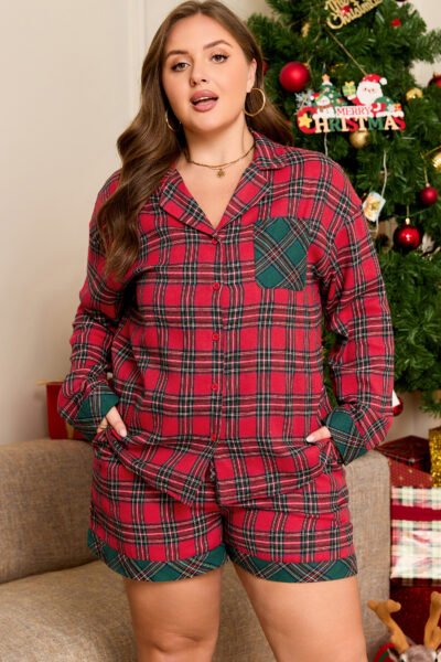 Red Plus Size Plaid Contrast Patchwork Long Sleeve Shirt and Shorts 2pcs Pajama Set