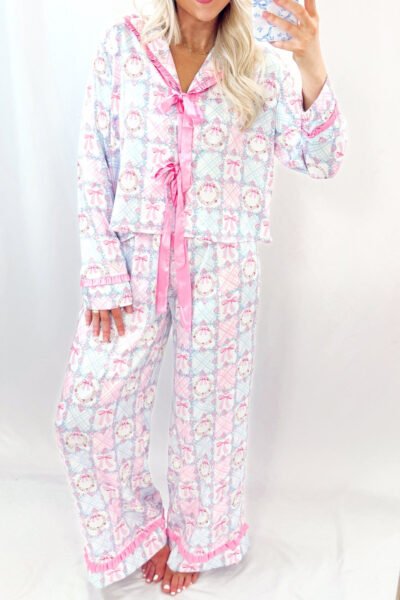 Pink Bow Wreath Pattern Christmas Holiday Tied Front Long Sleeve 2pcs Pajama Set