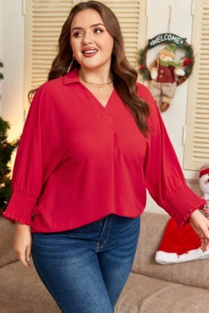Fiery Red Plus Size Smocked Cuff Dolman Oversized Tunic Blouse - Image 2