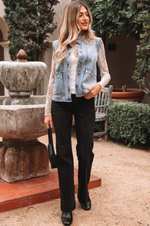 Beau Blue Scalloped Trim Patch Pocket Button Front Denim Vest - Image 15