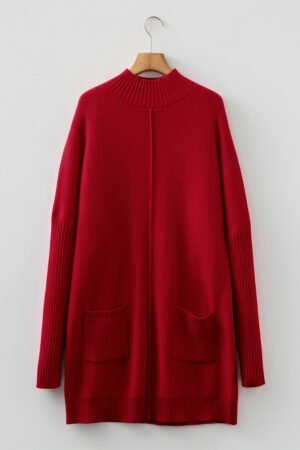 Fiery Red Ribbed High Neck Front Pockets Center Seam Shift Sweater Dress - Image 6