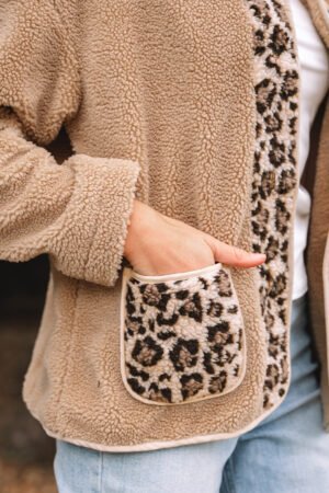 Casual Leopard Print Accent Plush Jacket with Pockets - Image 6