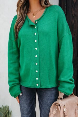 Bright Green Solid Color Knit Button Drop Shoulder Sweater Cardigan - Image 5