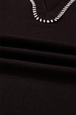 Black Contrast Stitched Detail V Neck Ruffle Long Sleeve Blouse - Image 5