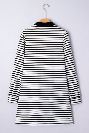 White Stripe Buttoned Front Collared Long Sleeve T Shirt Dress with Pockets - Image 4