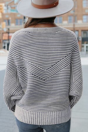 Ashleigh Blue Striped Print Ribbed Knit Boat Neck Baggy Sweater - Image 5