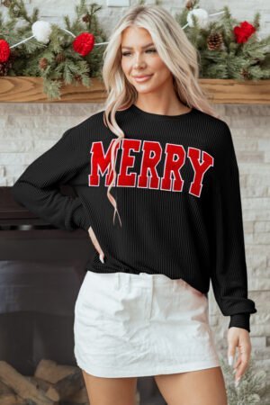 Black Twisted Rib Outlined Merry Letter Graphic Loose Long Sleeve Top - Image 11