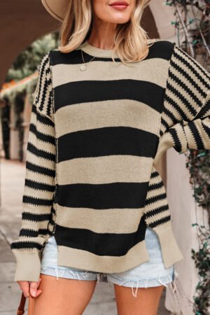 Black Stripe Drop Shoulder Sleeve Patchwork Baggy Sweater - Image 5
