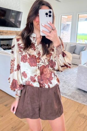 Brown Floral Print Button Down Poet Sleeve Shirt - Image 2