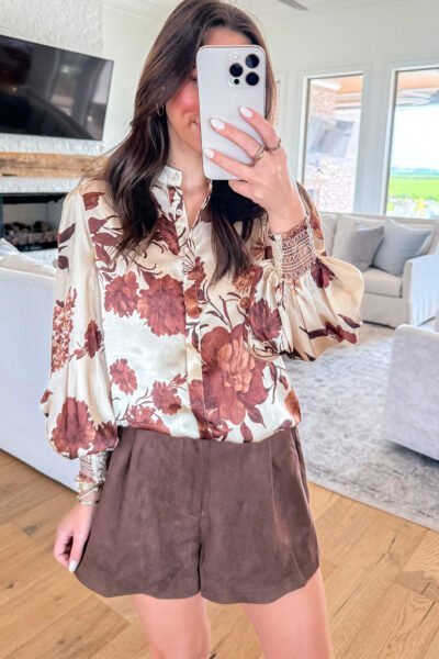 Alternative view of Brown Floral Print Button Down Poet Sleeve Shirt