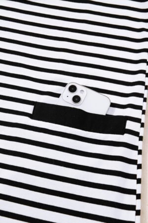 White Stripe Buttoned Front Collared Long Sleeve T Shirt Dress with Pockets - Image 8