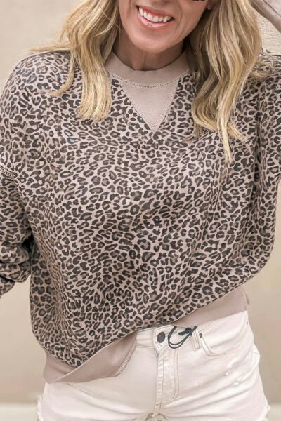 Khaki Leopard Print Patchwork Crew Neck Sweatshirt