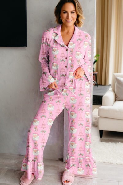 Pink Christmas Print Ruffled Ribbed Shirt & Pants 2 Piece PJ Set