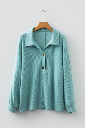 Light Blue Oversized Twist Ribbed Collared Henley Top with Roll up Sleeve - Image 6