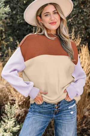 Khaki Color Block Plain Ribbed Knit Baggy Sweater - Image 3