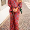Fiery Red Christmas Plaid Satin Pajama Set with Contrast Velvet Ties
