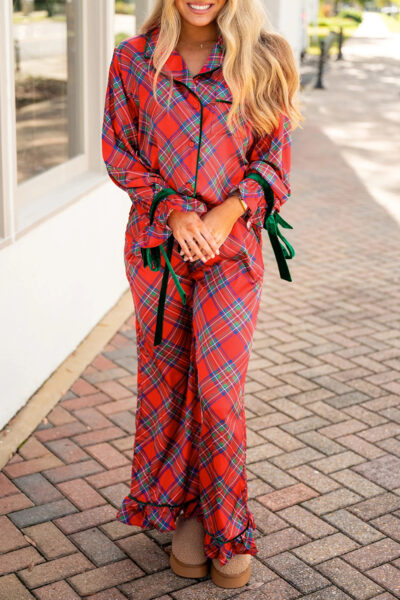 Fiery Red Christmas Plaid Satin Pajama Set with Contrast Velvet Ties