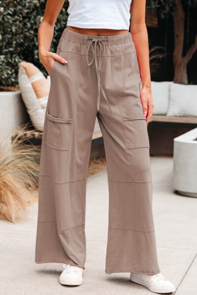 Smoke Gray Mineral Wash Exposed Seam Drawstring Elastic Waistband Wide Leg Cargo Pants
