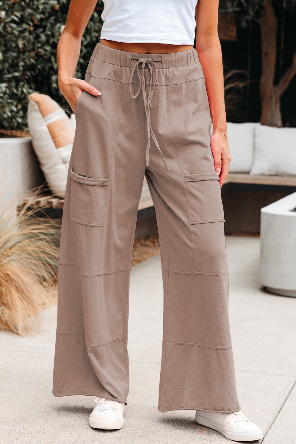 Smoke Gray Mineral Wash Exposed Seam Drawstring Elastic Waistband Wide Leg Cargo Pants Smoke Gray Mineral Wash Exposed Seam Drawstring Elastic Waistband Wide Leg Cargo Pants
