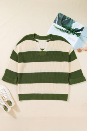 Green Stripe Colorblock Notched Neck Plus Size Sweater - Image 2